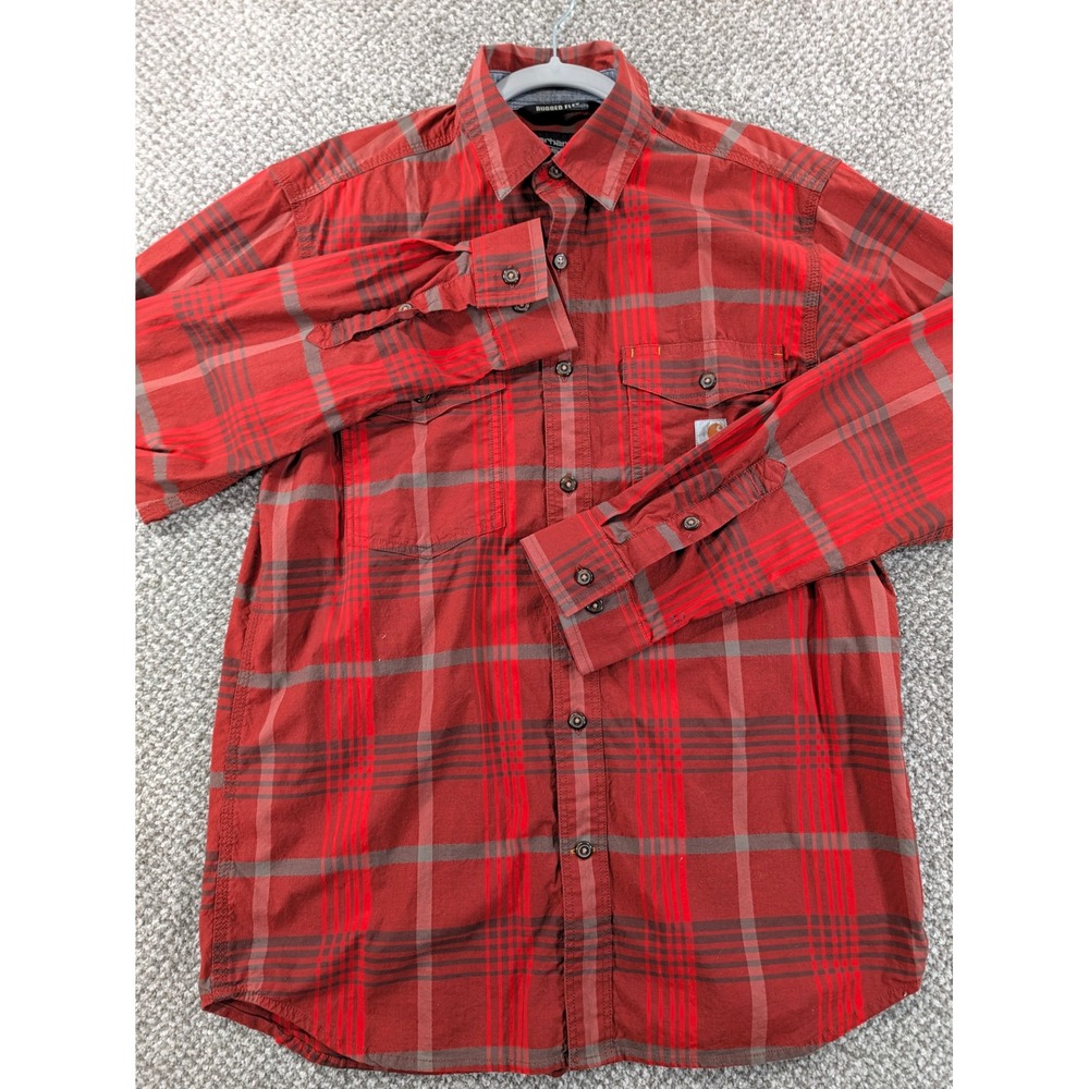 Carhartt Rugged Flex Relaxed Fit Red Grey Plaid Button Down Mens Medium Red Logo